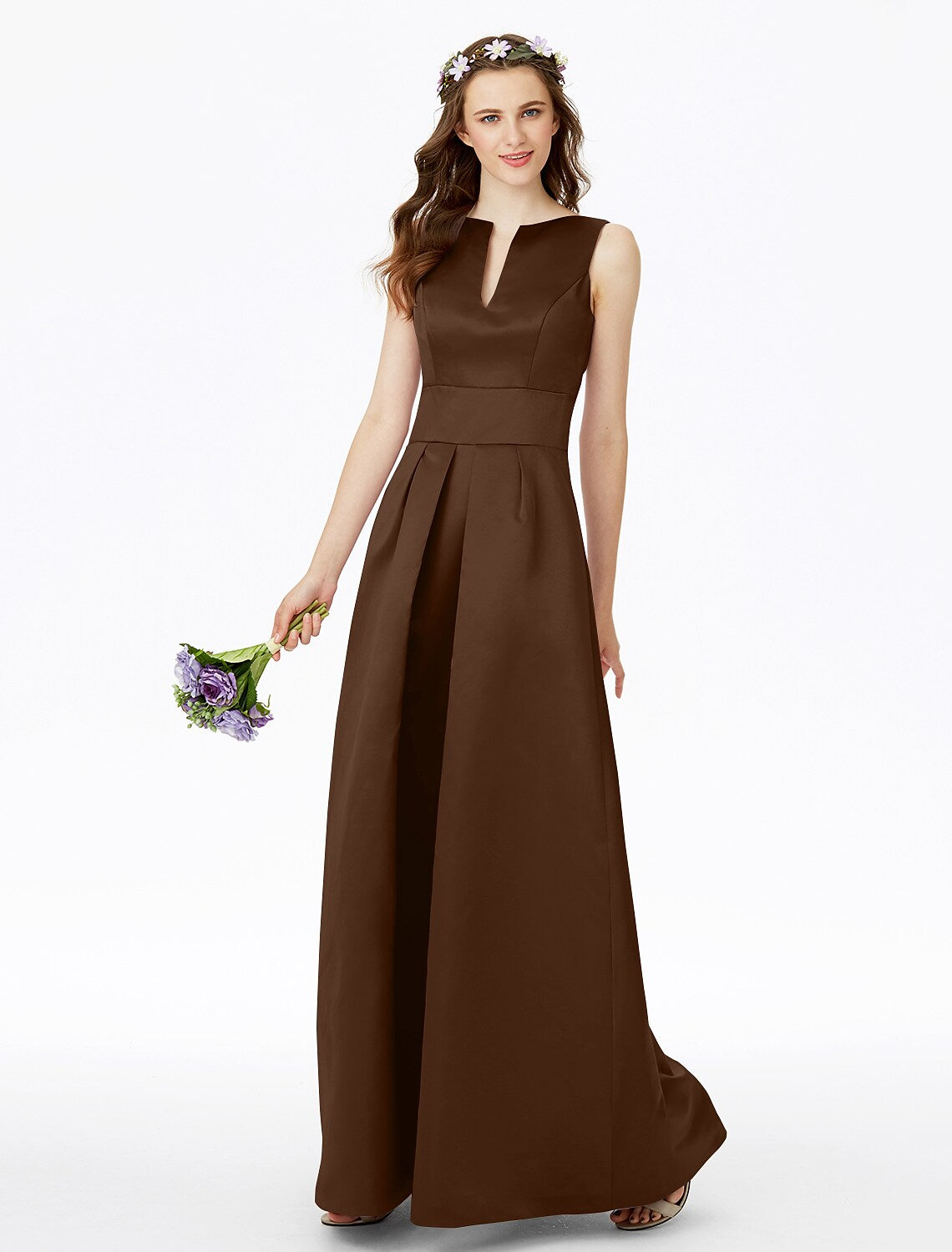 Vestido de dama de honor de corte A, sin mangas, con muescas, elegante, largo hasta el suelo, de satén con pliegues y bolsillo