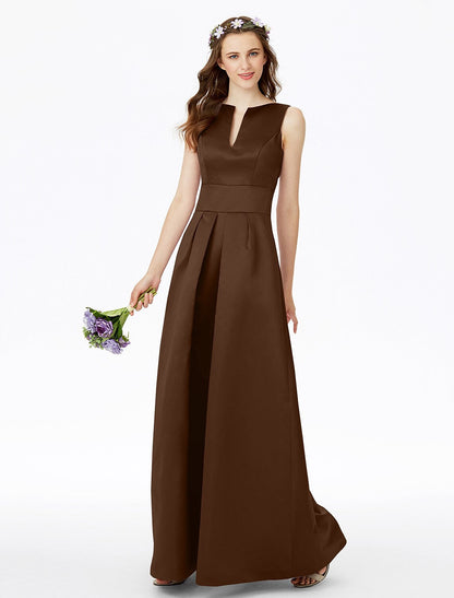 A-Line Bridesmaid Dress Notched Sleeveless Elegant Floor Length Satin with Pleats Pocket