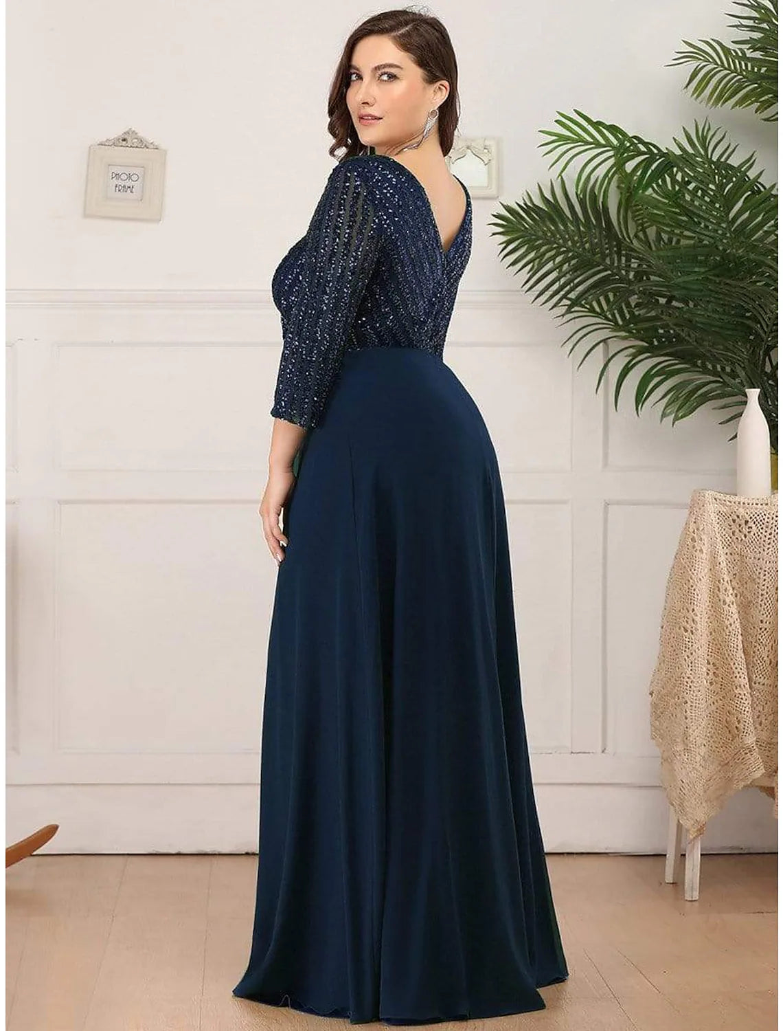 Vestido de noche de corte A, talla grande, para invitada de boda, largo hasta el suelo, manga, cuello en V, gasa, espalda en V con lentejuelas