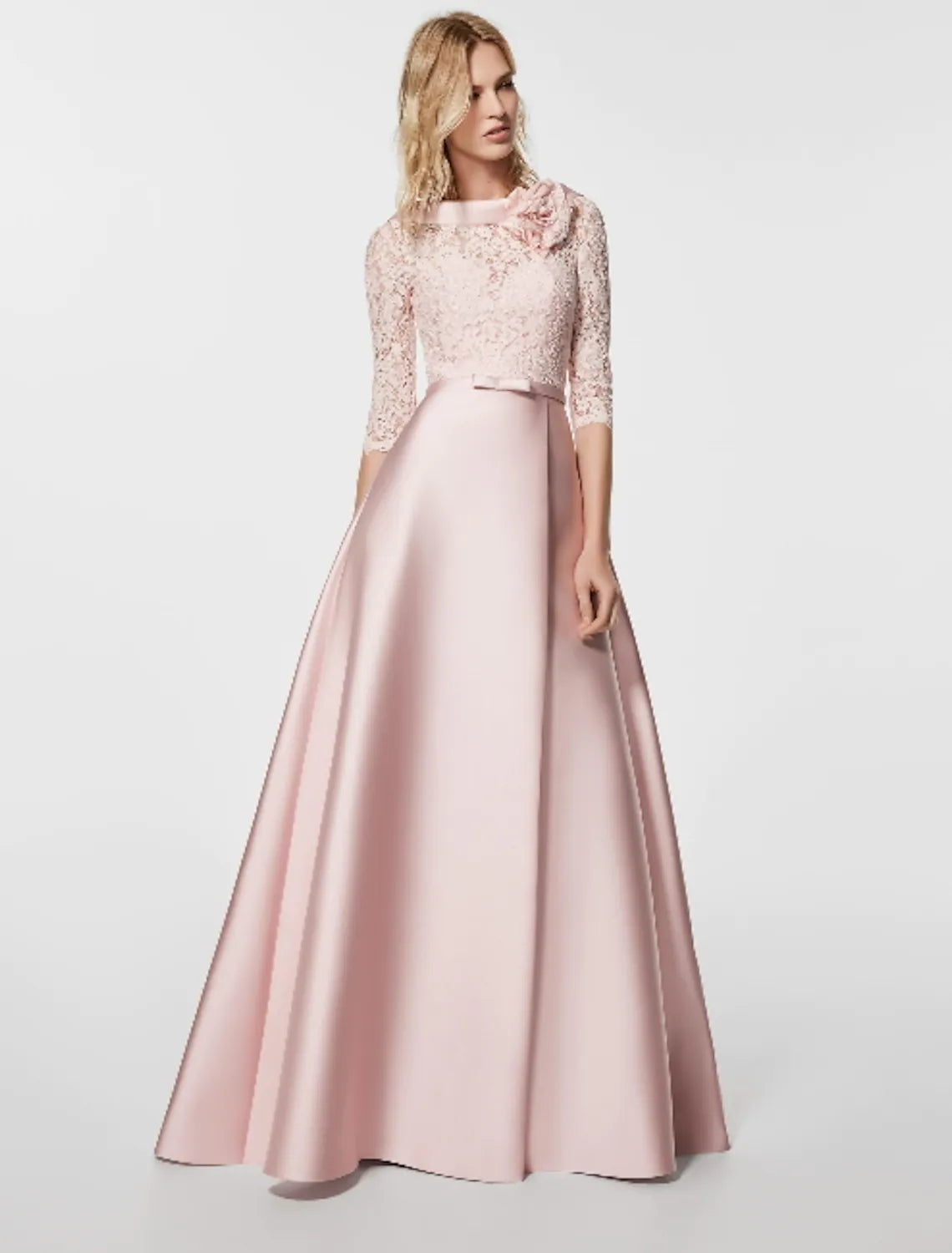 Vestido de noche de corte A, para invitada de boda, largo hasta el suelo, media manga, de satén con fajín y cinta.