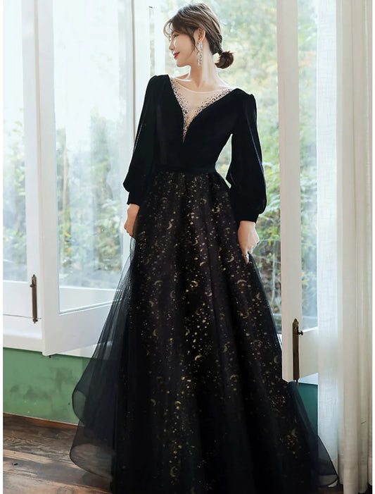 A-Linie Abendkleid Hochzeitskleid Bodenlang Langarm V-Ausschnitt Satin mit Kristallen Pailletten