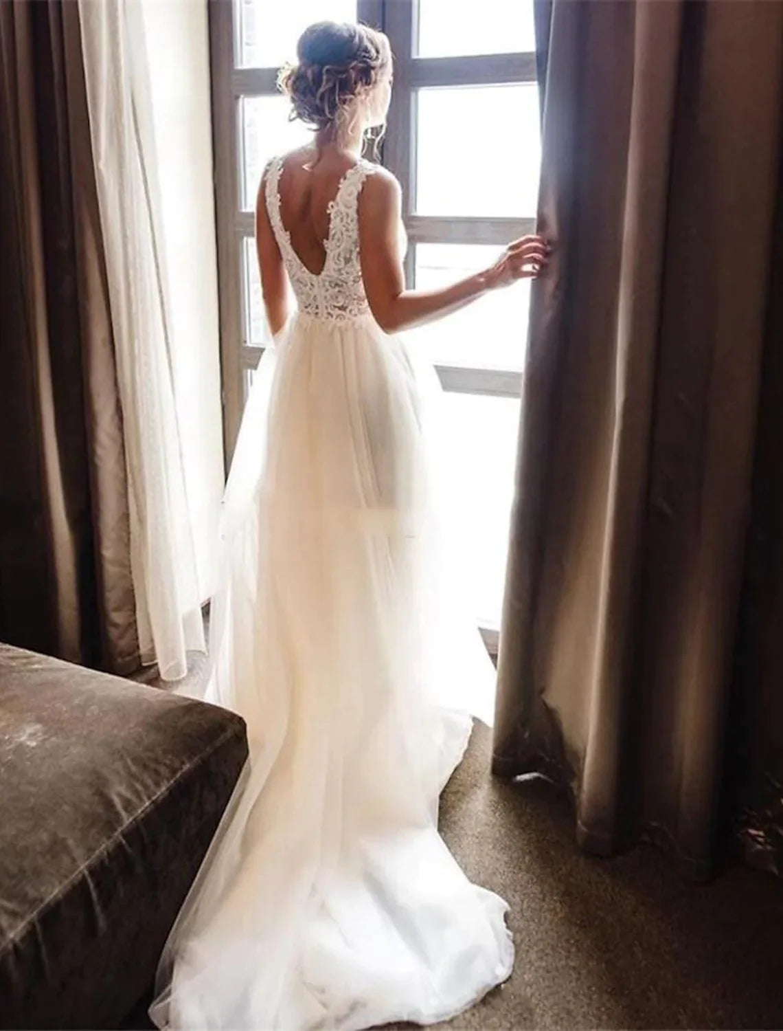 Vestidos de novia de playa, largos, corte A, sin mangas, escote en V, encaje, pliegues y apliques