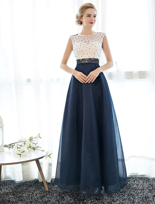 A-Linie, elegantes, mit Perlen besetztes, Pailletten-Abschlussballkleid, formelles Abendkleid, ärmellos, bodenlang, Tüll über Spitze, Perlenbesatz