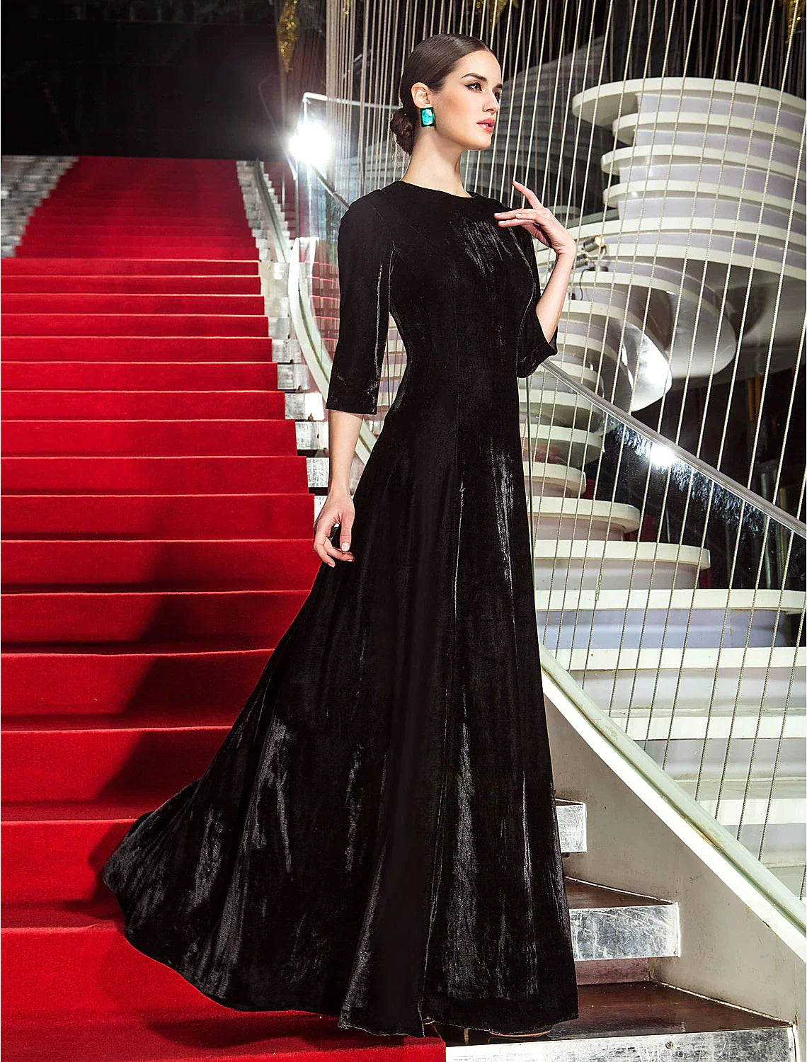 A-Line Celebrity Style Dress Wedding Guest Floor Length Length Sleeve Velvet with Pleats