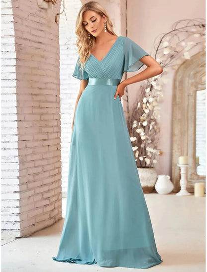A-Line Evening Gown Dress Wedding Guest Floor Length Short Sleeve V Neck Chiffon V Back with Ruffles