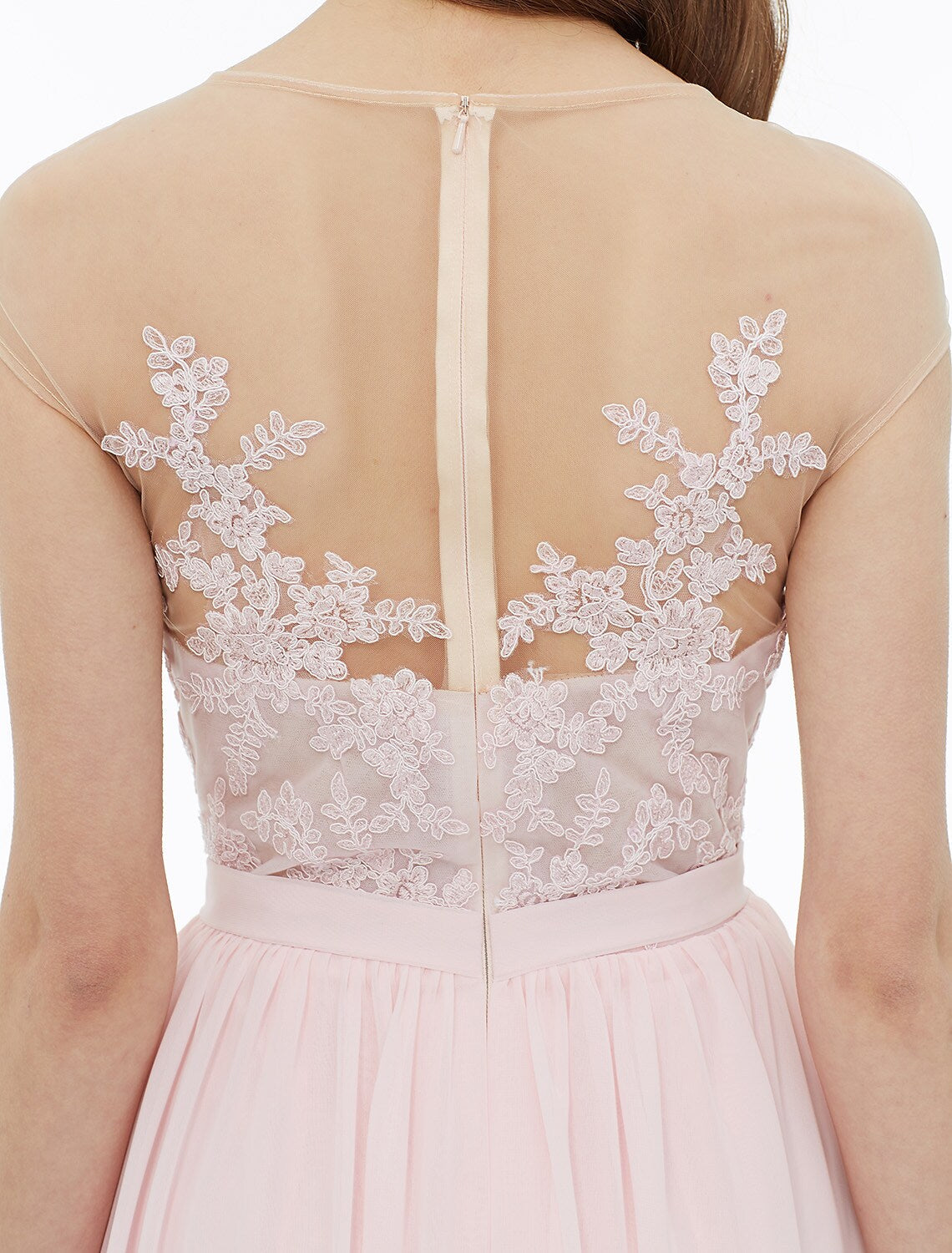 Vestido de dama de honor de corte A, sin mangas, largo hasta el suelo, de gasa, con encaje floral, faja y apliques de cinta